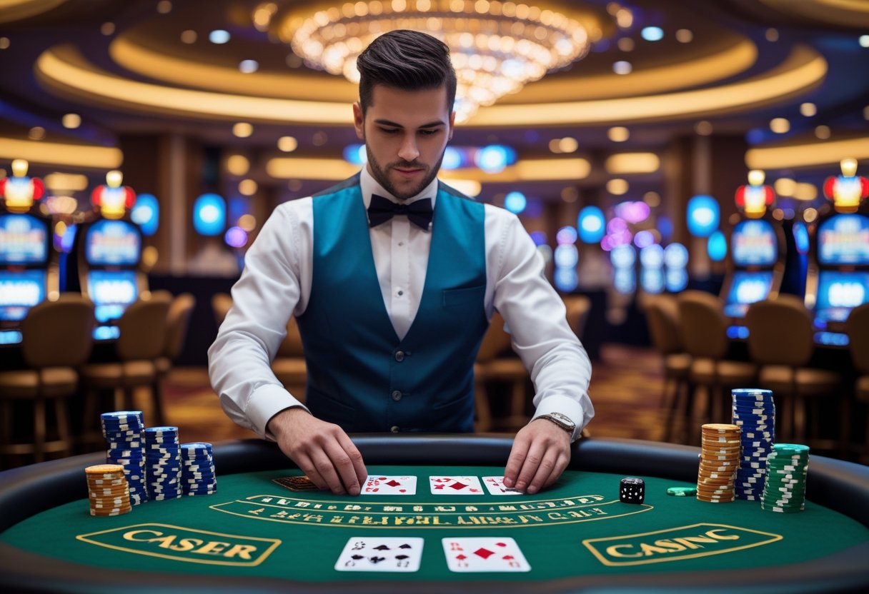 A casino dealer in uniform handling cards at a gaming table with poker chips and dice, inside a lively casino.