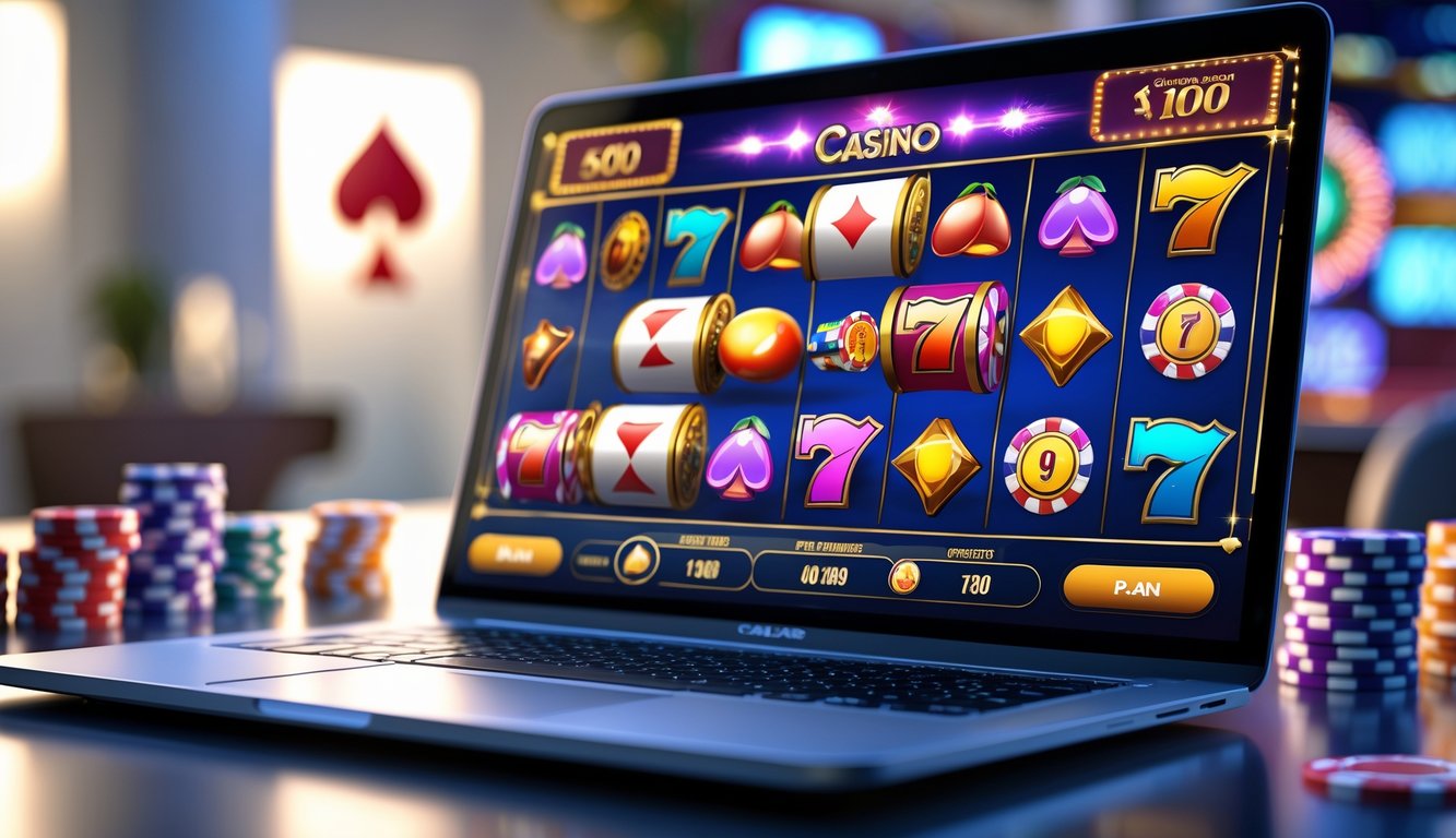 Layar laptop menampilkan berbagai permainan slot klasik dengan simbol warna-warni di latar belakang kasino modern.