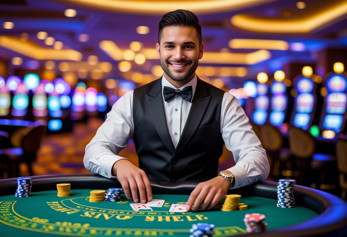 A casino dealer handling playing cards at a gaming table inside a lively casino.