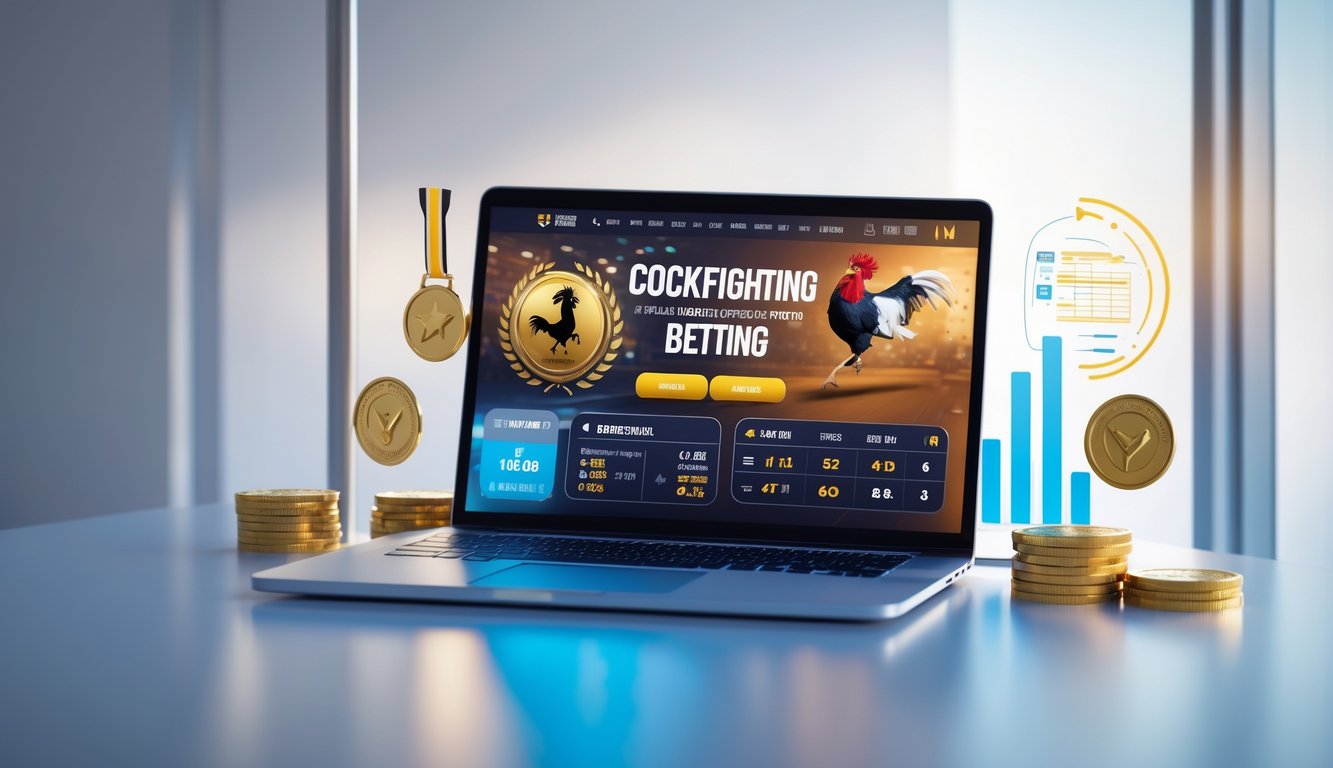 Sebuah meja kerja modern dengan laptop yang menampilkan antarmuka taruhan sabung ayam online dan simbol kepercayaan seperti medali emas dan grafik kemenangan.