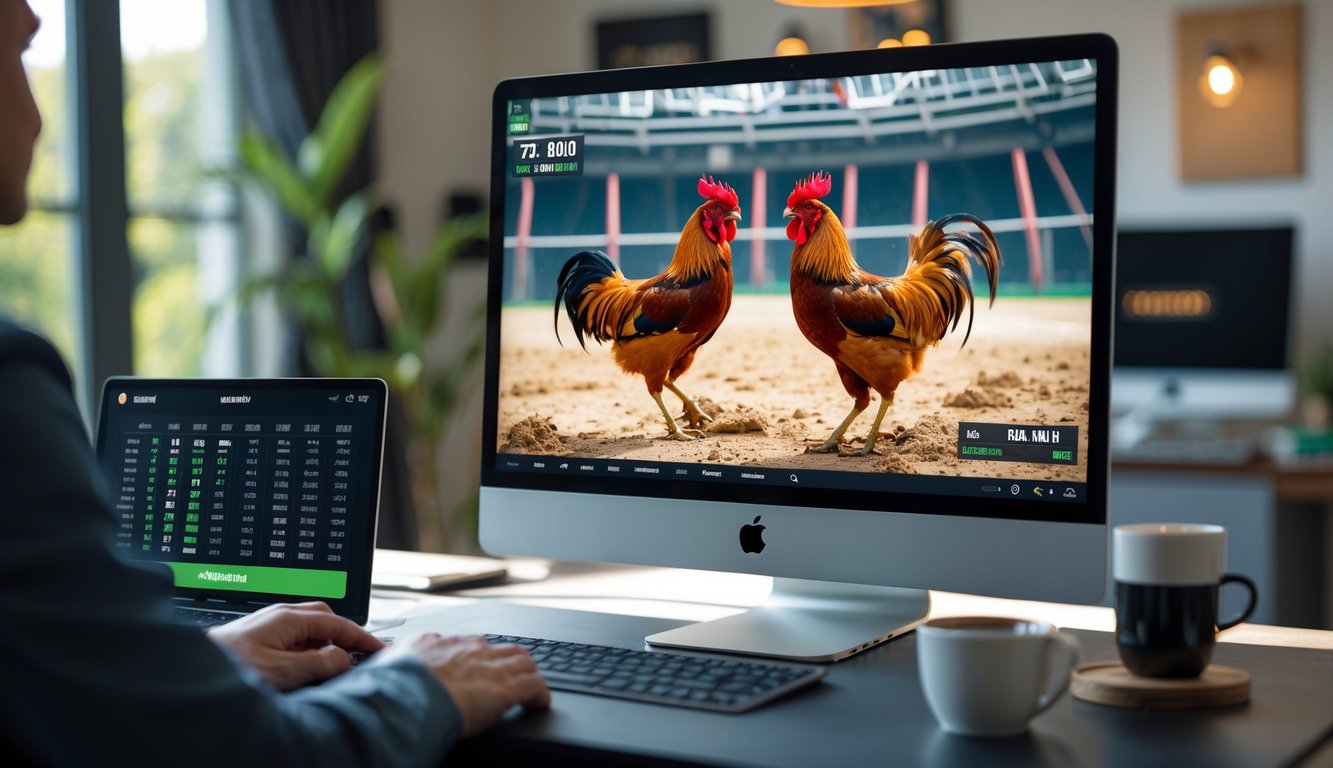 Seseorang sedang menonton siaran langsung pertandingan sabung ayam di layar komputer di ruang kerja modern.