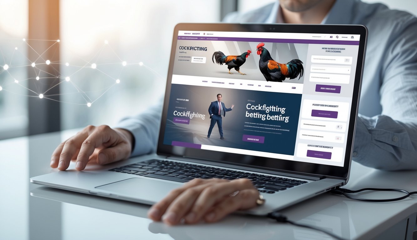 Orang menggunakan laptop di meja kerja modern dengan tampilan situs taruhan sabung ayam online yang aman dan terpercaya.