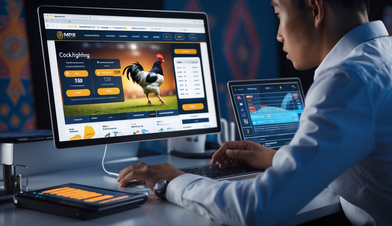 Seorang petaruh profesional sedang menggunakan komputer dengan tampilan taruhan sabung ayam online di lingkungan kerja modern.
