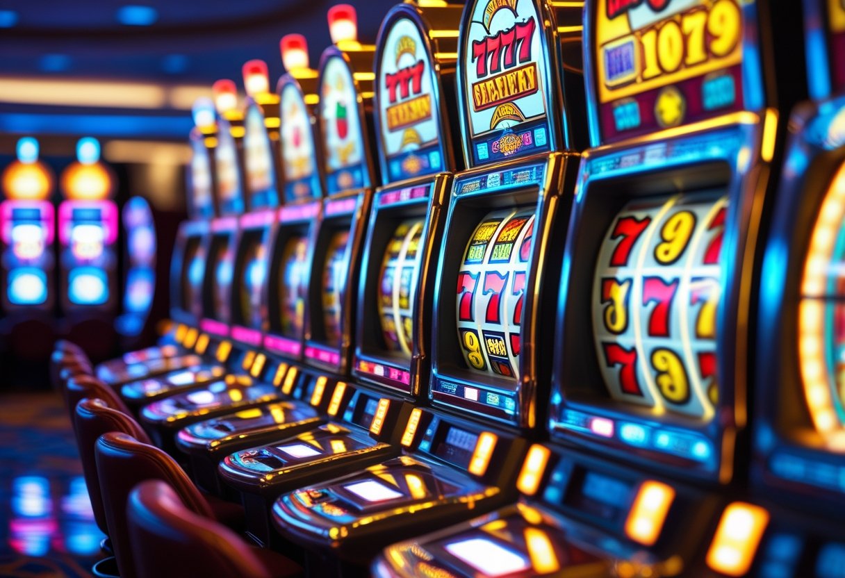 A row of brightly lit penny slot machines with spinning reels inside a casino.