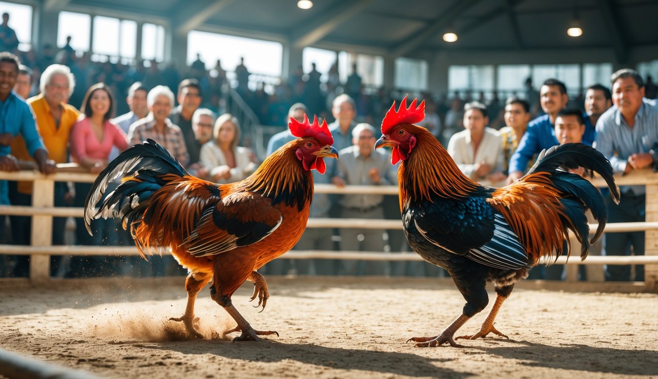 Dua ayam jago sedang bertarung di arena dengan penonton yang antusias mengamati dari sekitar.