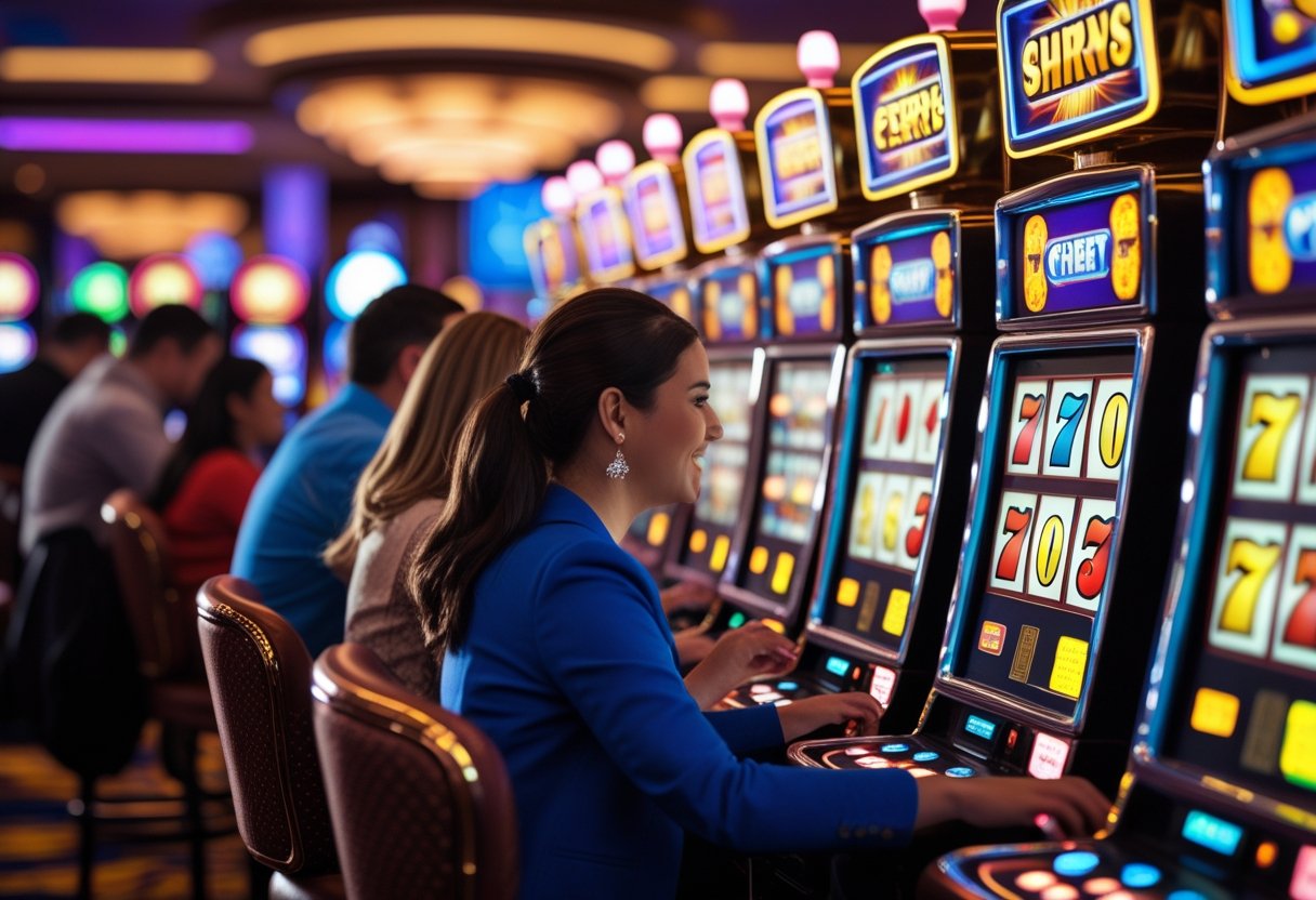 People playing penny slot machines in a casino with colorful lights and digital displays.