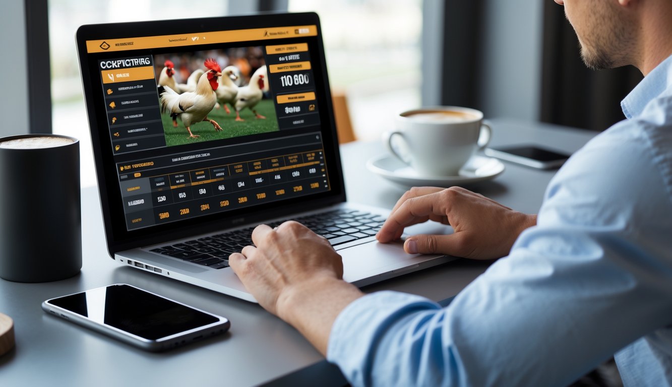 Seorang pria menggunakan laptop di meja kerja yang rapi dengan tampilan situs taruhan sabung ayam online di layar.