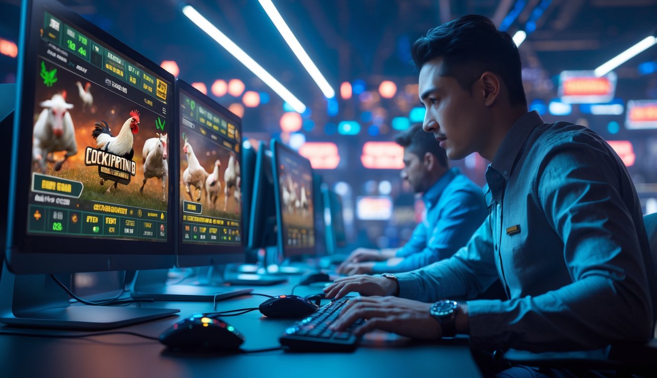 Seseorang menggunakan komputer dengan tampilan layar terkait judi sabung ayam online di lingkungan teknologi modern.