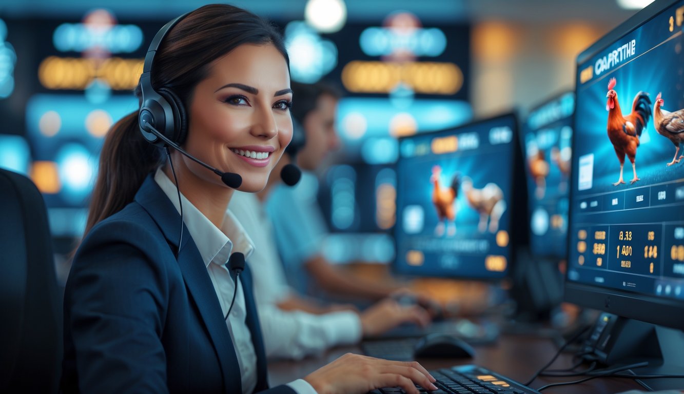 Seorang perwakilan layanan pelanggan sedang bekerja di kantor modern dengan layar komputer yang menampilkan pertandingan sabung ayam online.