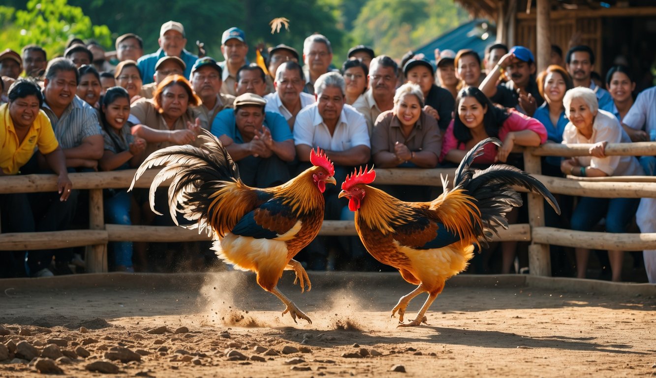 Dua ayam jago sedang bertarung di arena dengan penonton yang antusias mengelilingi mereka.