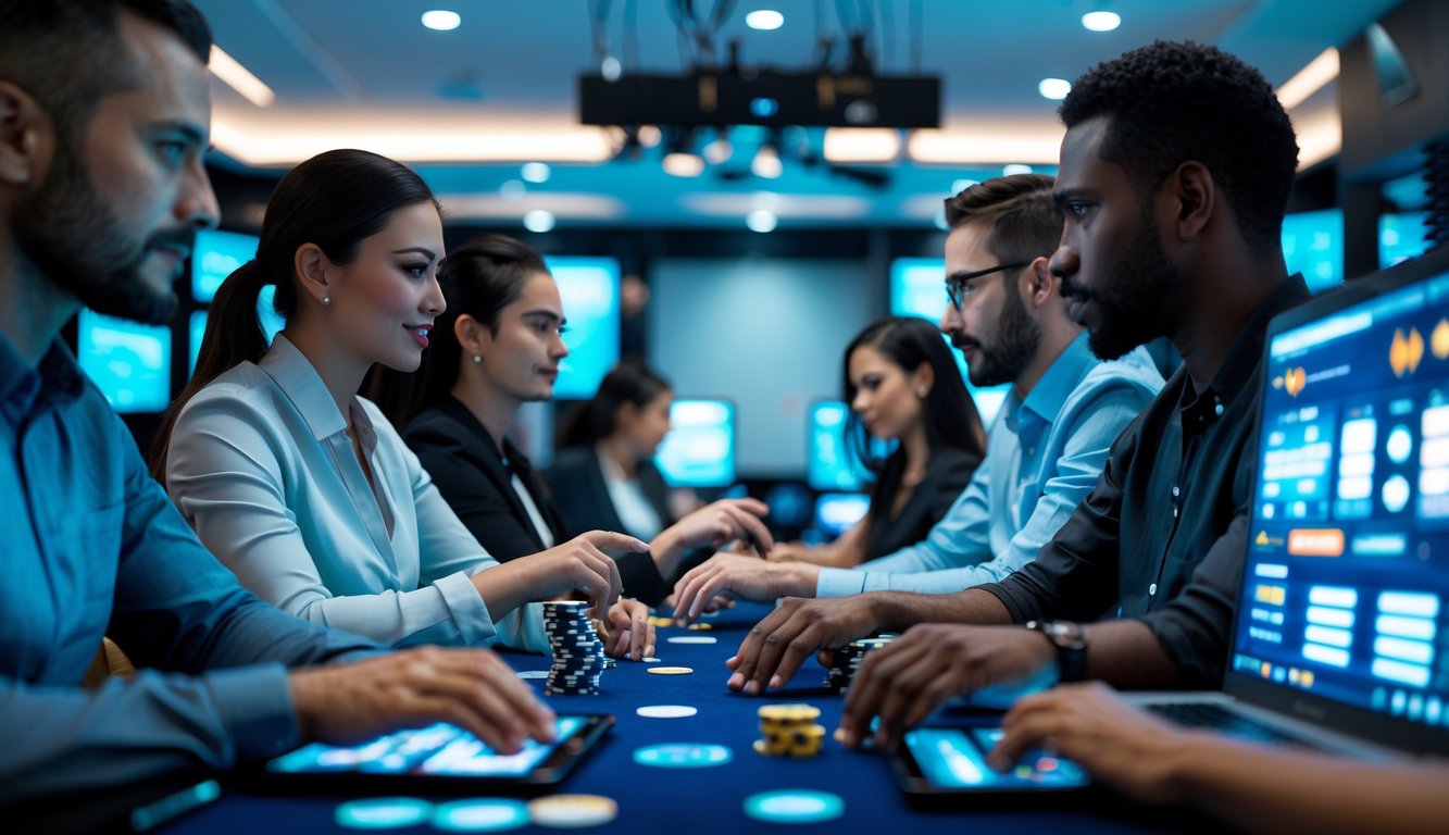 Beberapa orang bermain poker online dengan perangkat digital di ruangan modern yang terang dan dilengkapi dengan peralatan server di latar belakang.