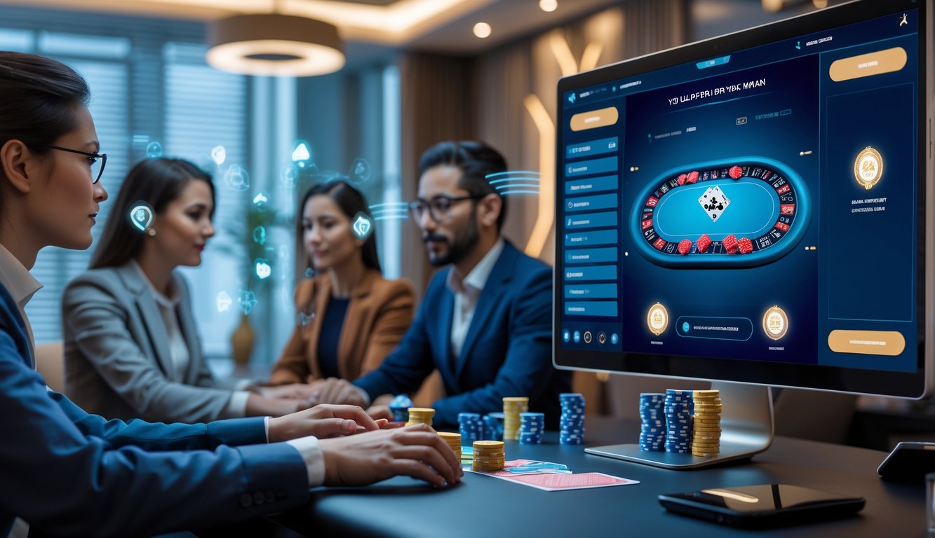 Beberapa orang bermain poker online dengan tampilan layar komputer yang menampilkan meja poker digital dan chip.