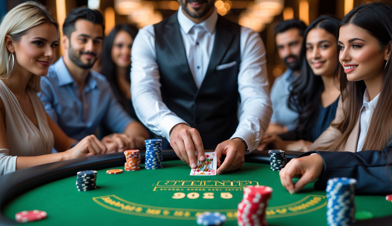 Beberapa orang bermain poker di meja hijau dengan chip dan kartu, suasana kasino yang hangat dan profesional.