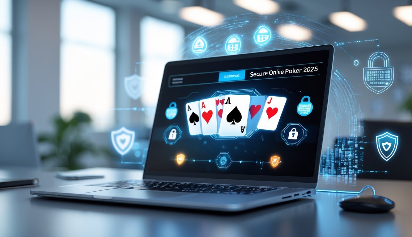 Seseorang menggunakan komputer dengan tampilan permainan poker online dan ikon keamanan digital di sekitarnya.