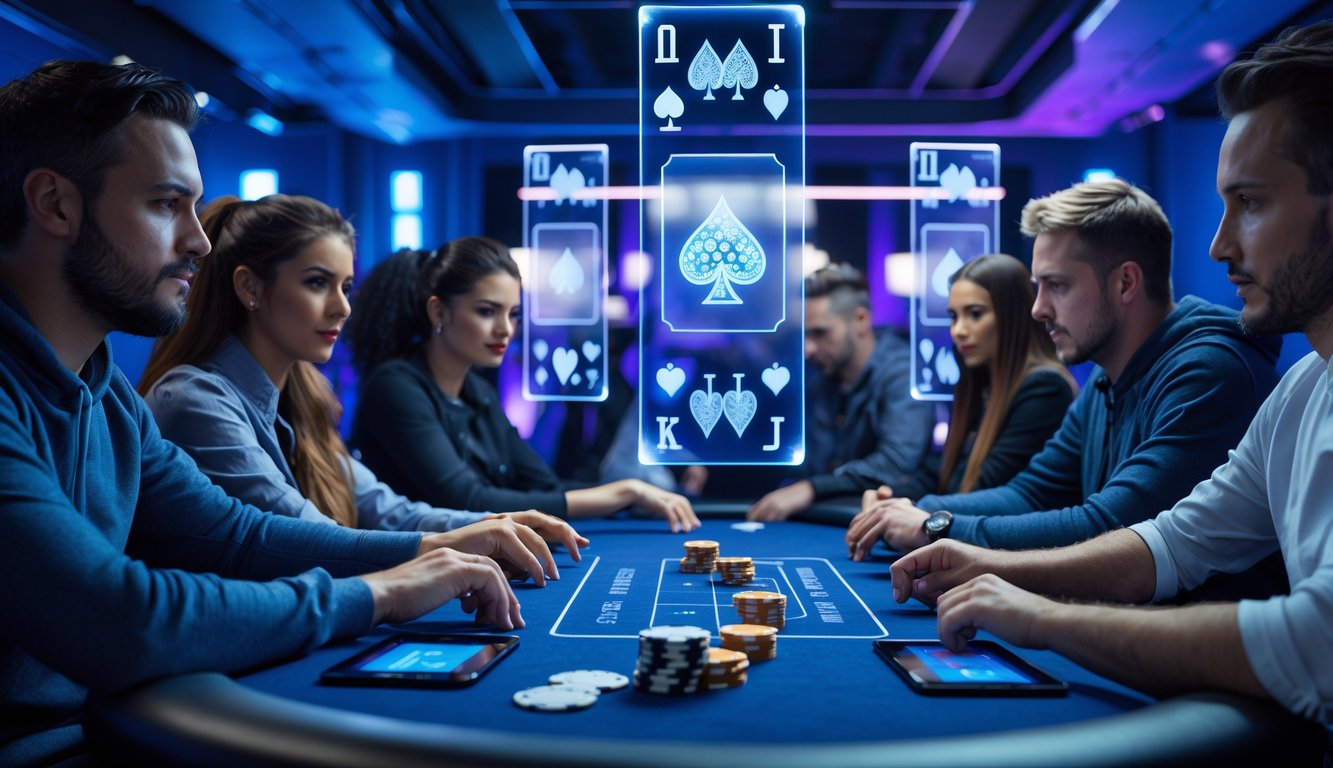 Beberapa pemain nyata sedang bermain poker online bersama di meja modern dengan layar holografik di ruangan futuristik.
