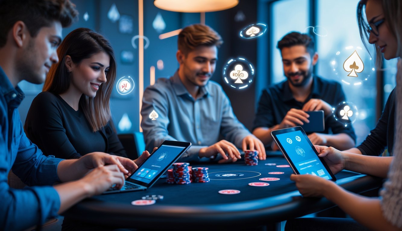 Beberapa orang bermain poker online menggunakan ponsel, laptop, dan tablet di ruangan yang modern dan terang.