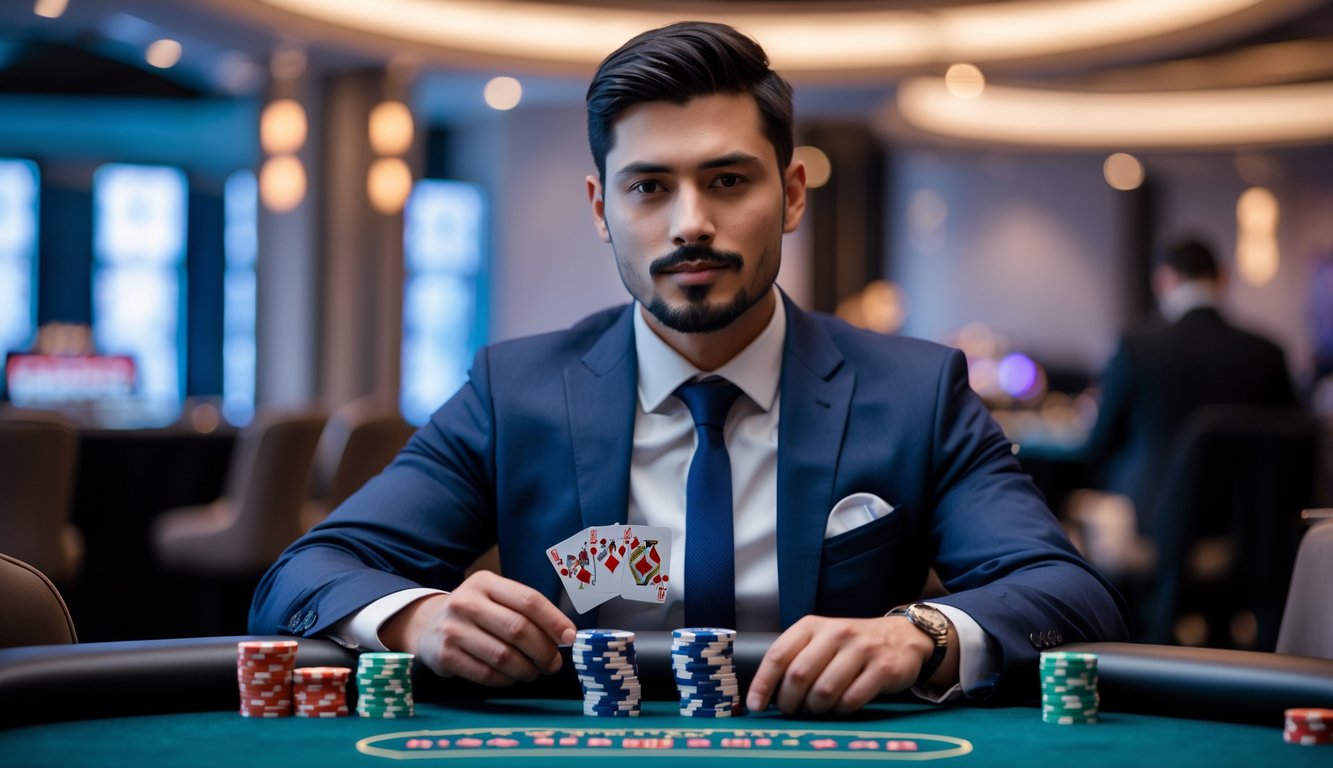 Seorang pria berpakaian rapi duduk di meja poker modern dengan kartu dan chip di tangan di dalam kasino yang elegan.