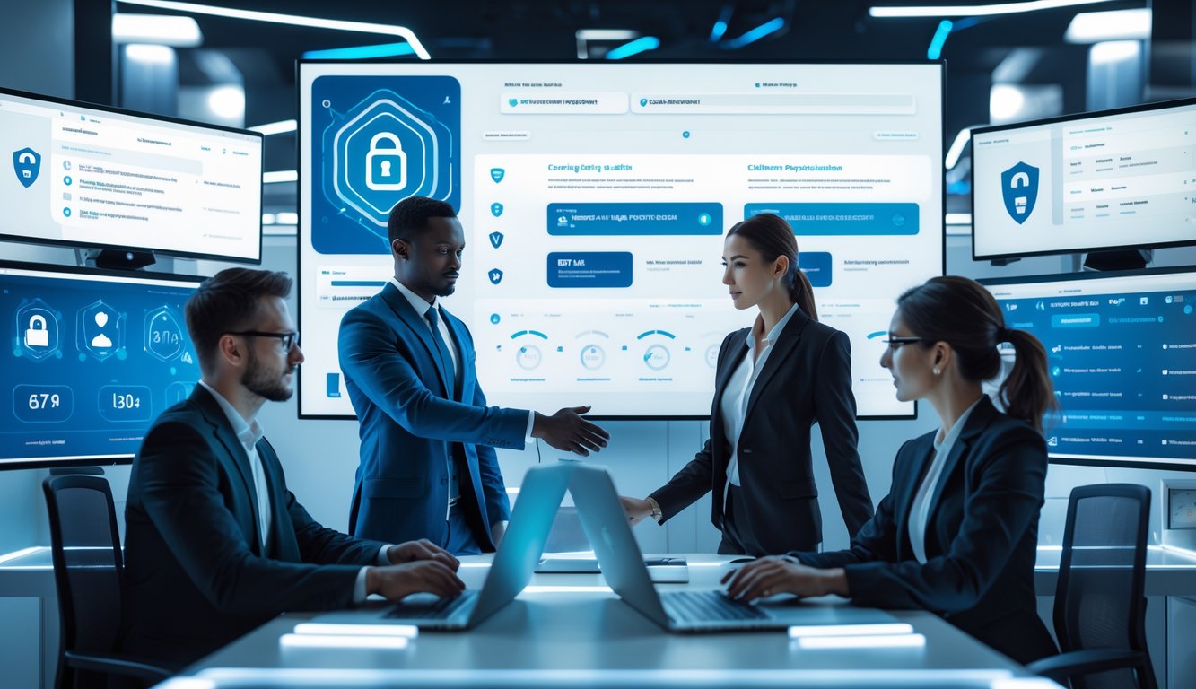 Sekelompok profesional bekerja bersama di ruang kerja modern dengan komputer yang menampilkan sistem keamanan dan grafik taruhan online.