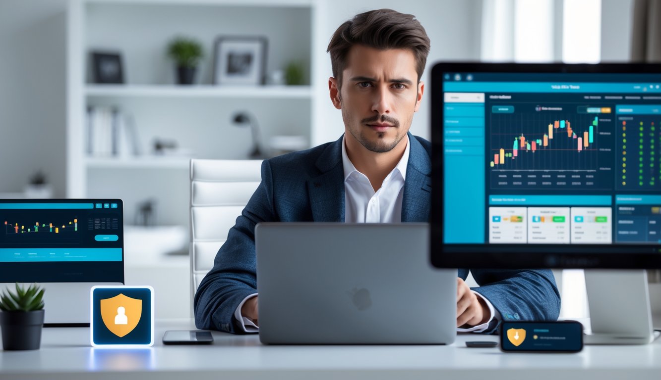 Seorang pria muda duduk di meja dengan laptop dan ponsel, melihat situs taruhan online dengan latar belakang kantor rumah yang rapi dan terang.