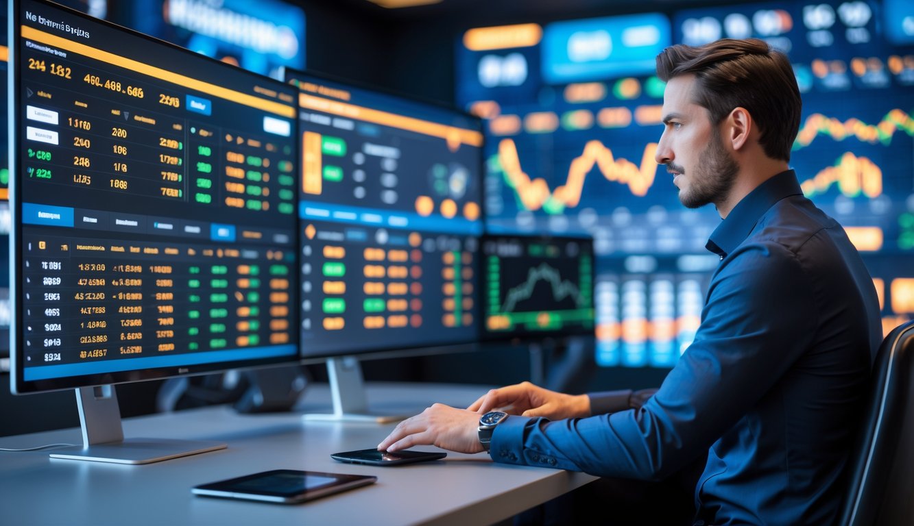 Seseorang yang fokus menggunakan perangkat digital dengan layar menampilkan data taruhan online dan grafik di ruang kerja modern.