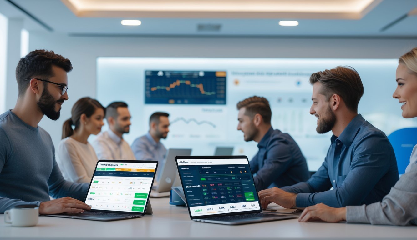 Sekelompok orang menggunakan perangkat digital di ruang kerja modern untuk taruhan online dengan suasana fokus dan santai.