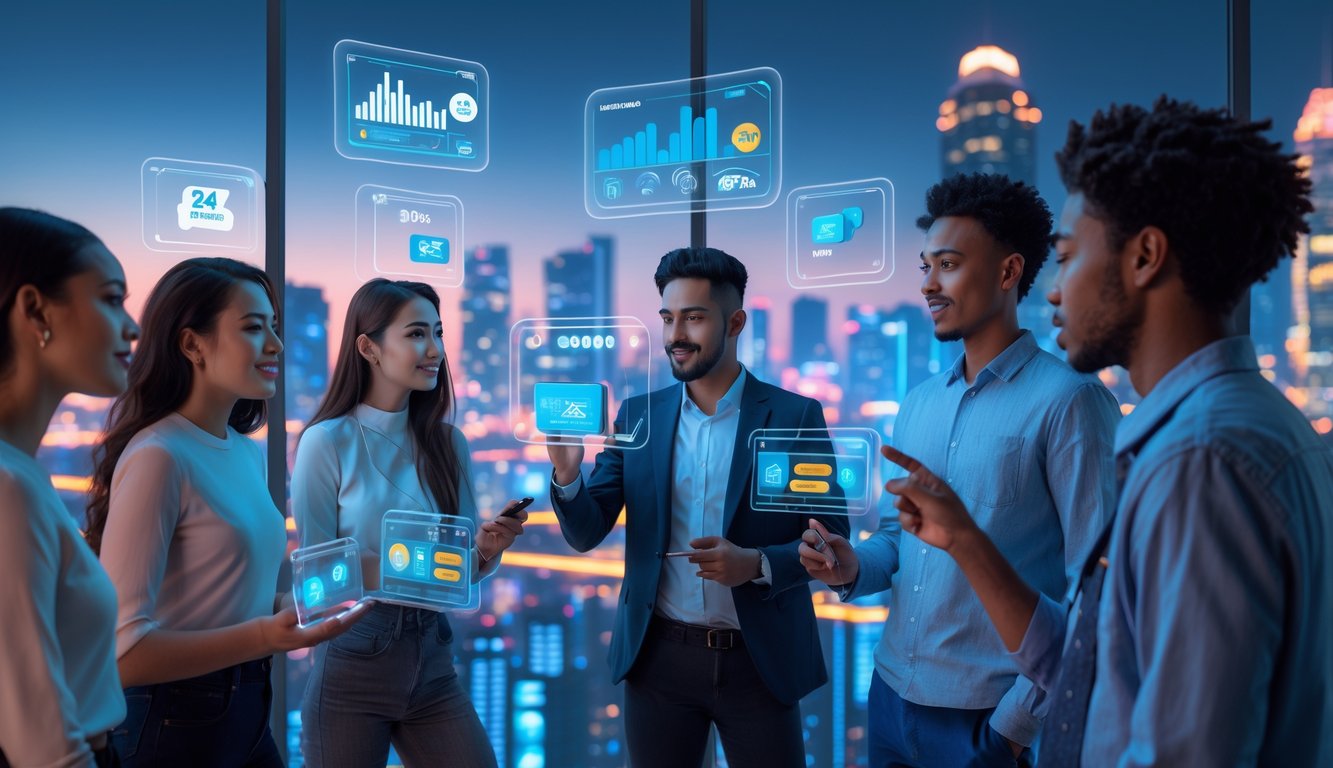 Sekelompok orang muda menggunakan layar digital transparan dengan latar kota futuristik di waktu senja.