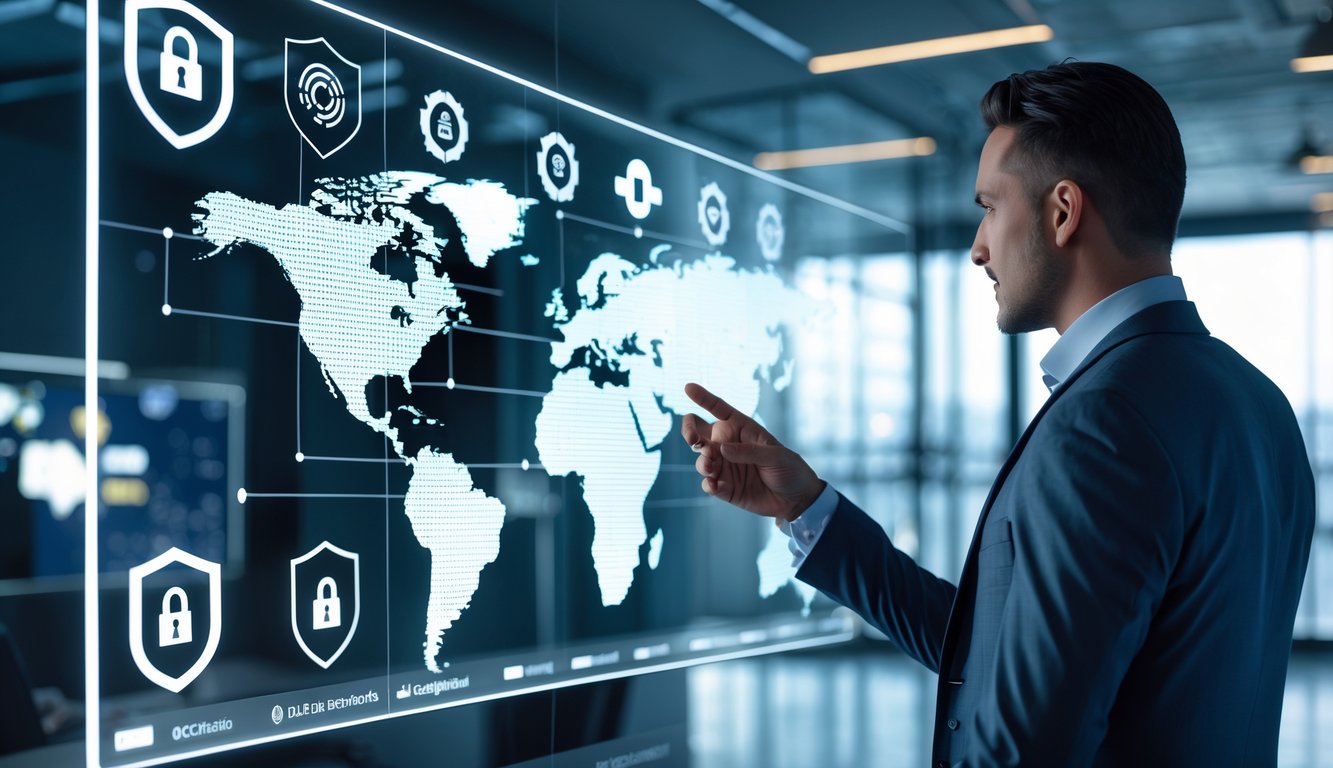Seorang profesional menggunakan antarmuka digital di kantor modern dengan simbol keamanan dan peta dunia.