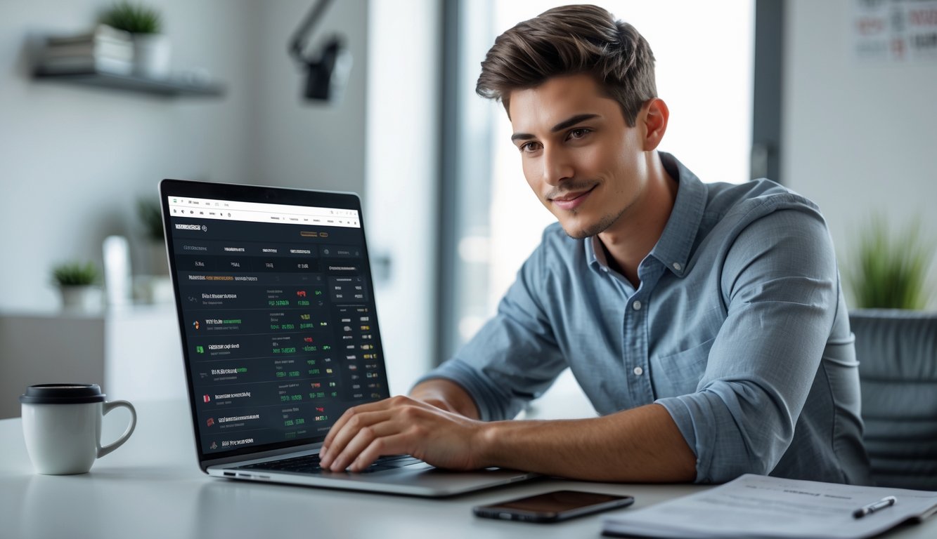 Seorang pria muda duduk di meja dengan laptop, terlihat fokus dan percaya diri saat menggunakan situs taruhan online, dengan suasana ruangan yang nyaman dan rapi.