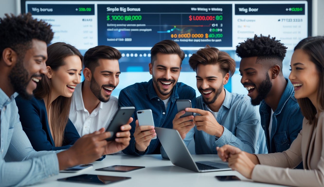 Sekelompok orang muda menggunakan perangkat digital untuk taruhan online dengan ekspresi senang dan suasana modern.