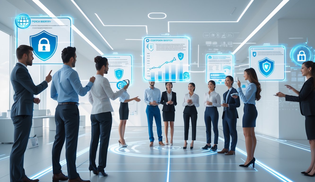 Beberapa profesional sedang menggunakan layar holografik untuk membandingkan keamanan, bonus, dan layanan pada platform taruhan online.