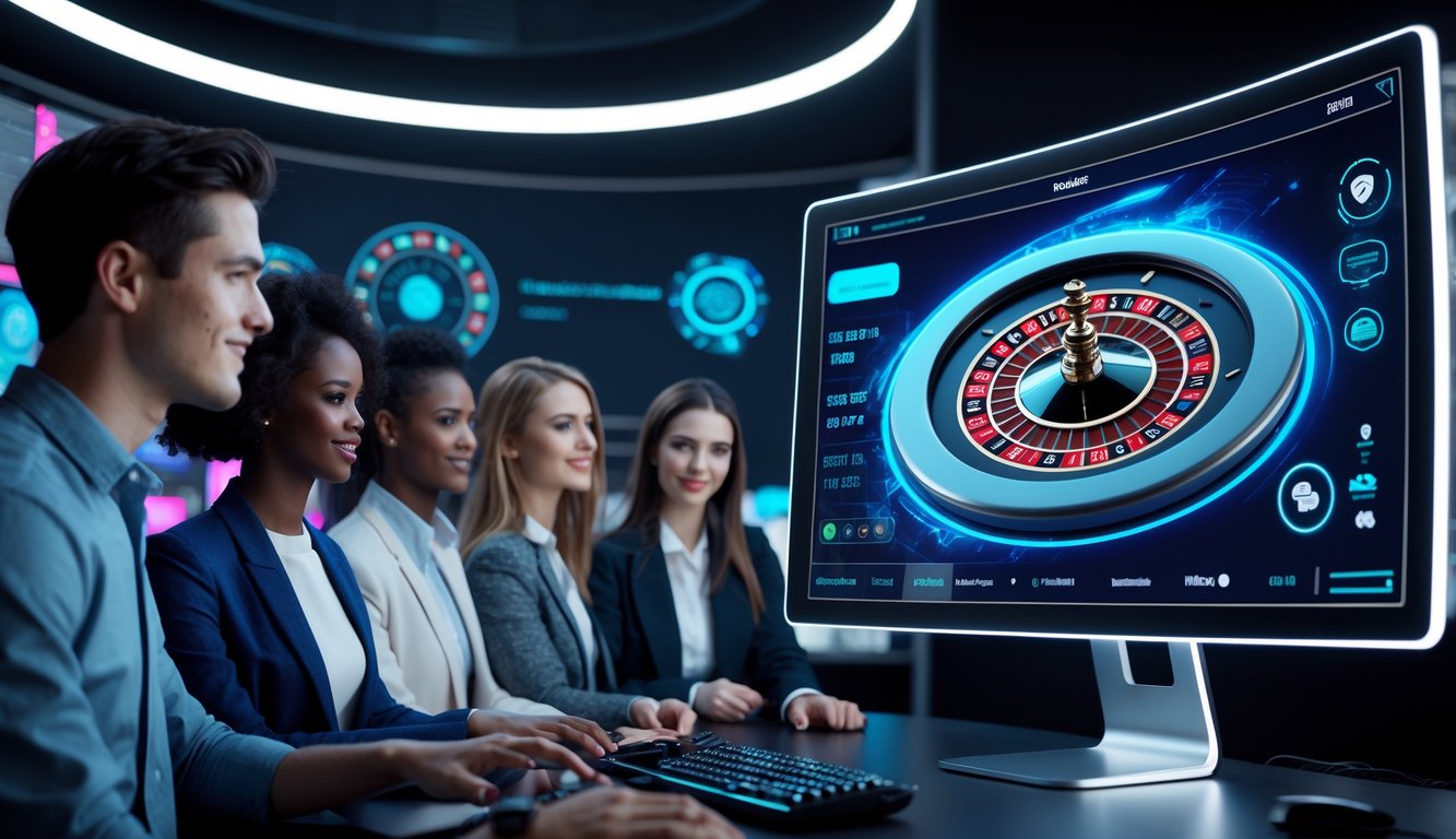 Sekelompok orang muda sedang bermain roulette online dengan tampilan layar komputer modern dan suasana teknologi yang aman dan terpercaya.