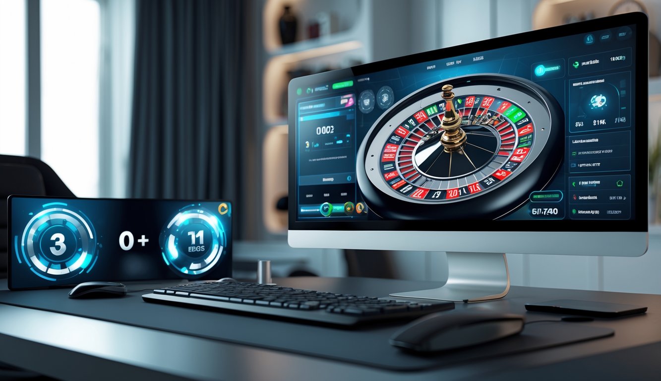 Sebuah ruangan modern dengan komputer menampilkan permainan roulette online dan elemen digital futuristik.