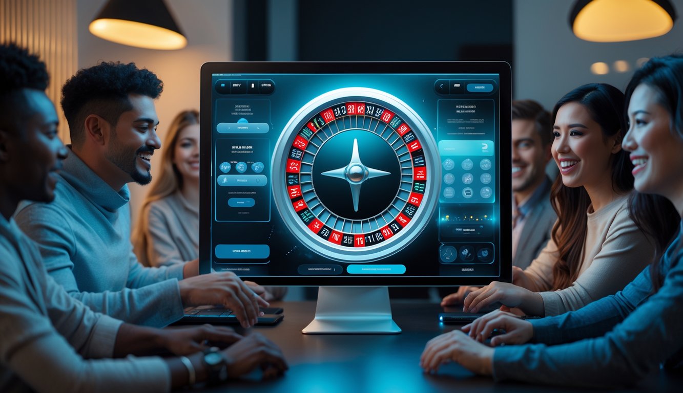 Beberapa orang bermain roulette online menggunakan komputer dan tablet di ruangan modern dengan pencahayaan hangat.