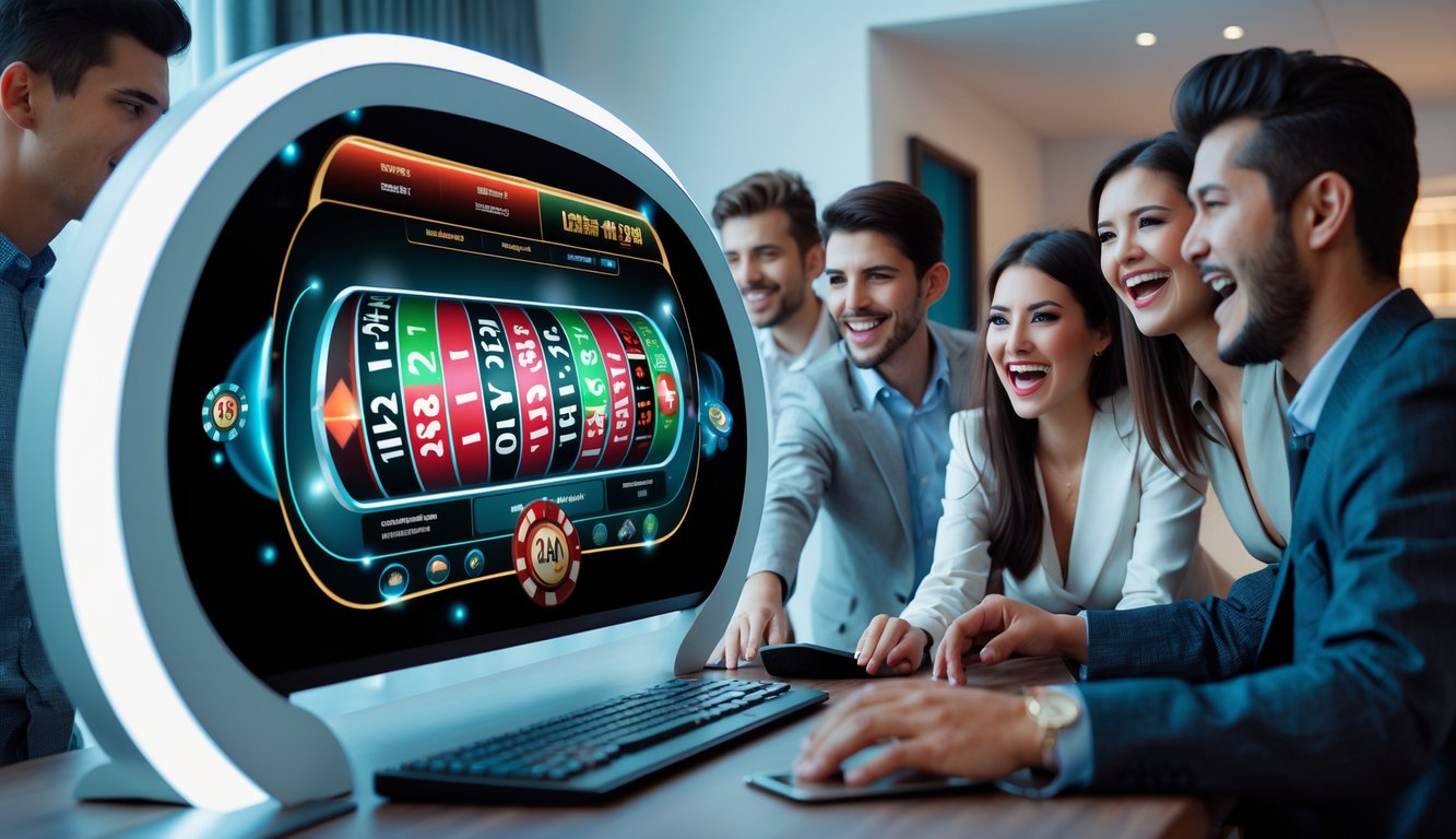 Beberapa orang muda bermain roulette online di depan layar komputer dalam ruangan modern yang terang.