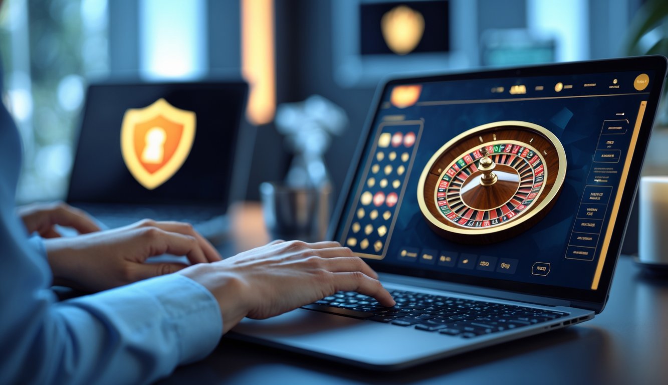 Seorang pengguna bekerja dengan laptop yang menampilkan roda roulette digital, di meja yang rapi dengan pencahayaan lembut dan simbol keamanan di latar belakang.