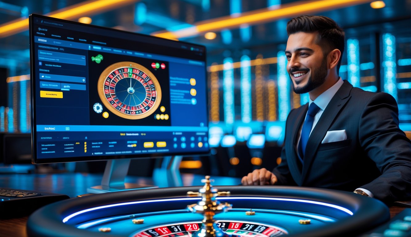 Seorang dealer langsung tersenyum di depan layar komputer yang menampilkan permainan roulette online dengan latar belakang ruang server yang stabil dan modern.