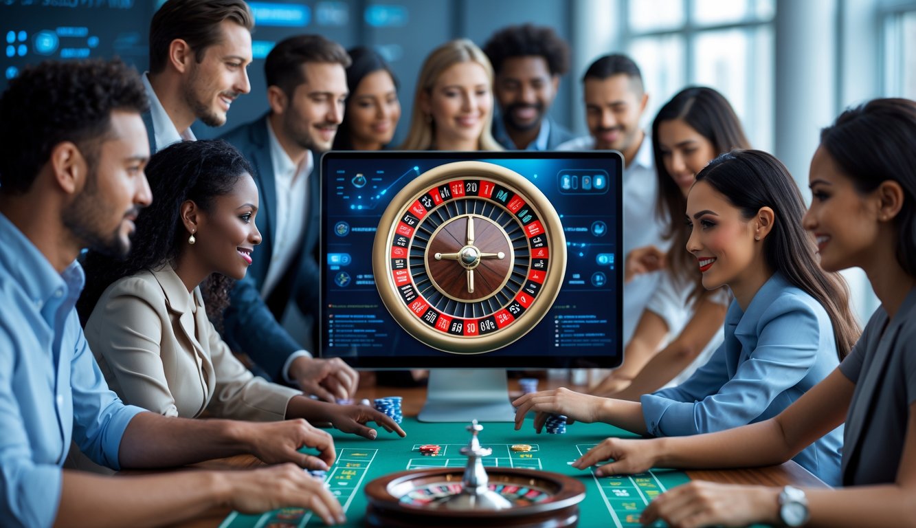 Orang-orang sedang bermain roulette online dengan suasana modern dan profesional tanpa adanya robot, menunjukkan permainan yang adil.