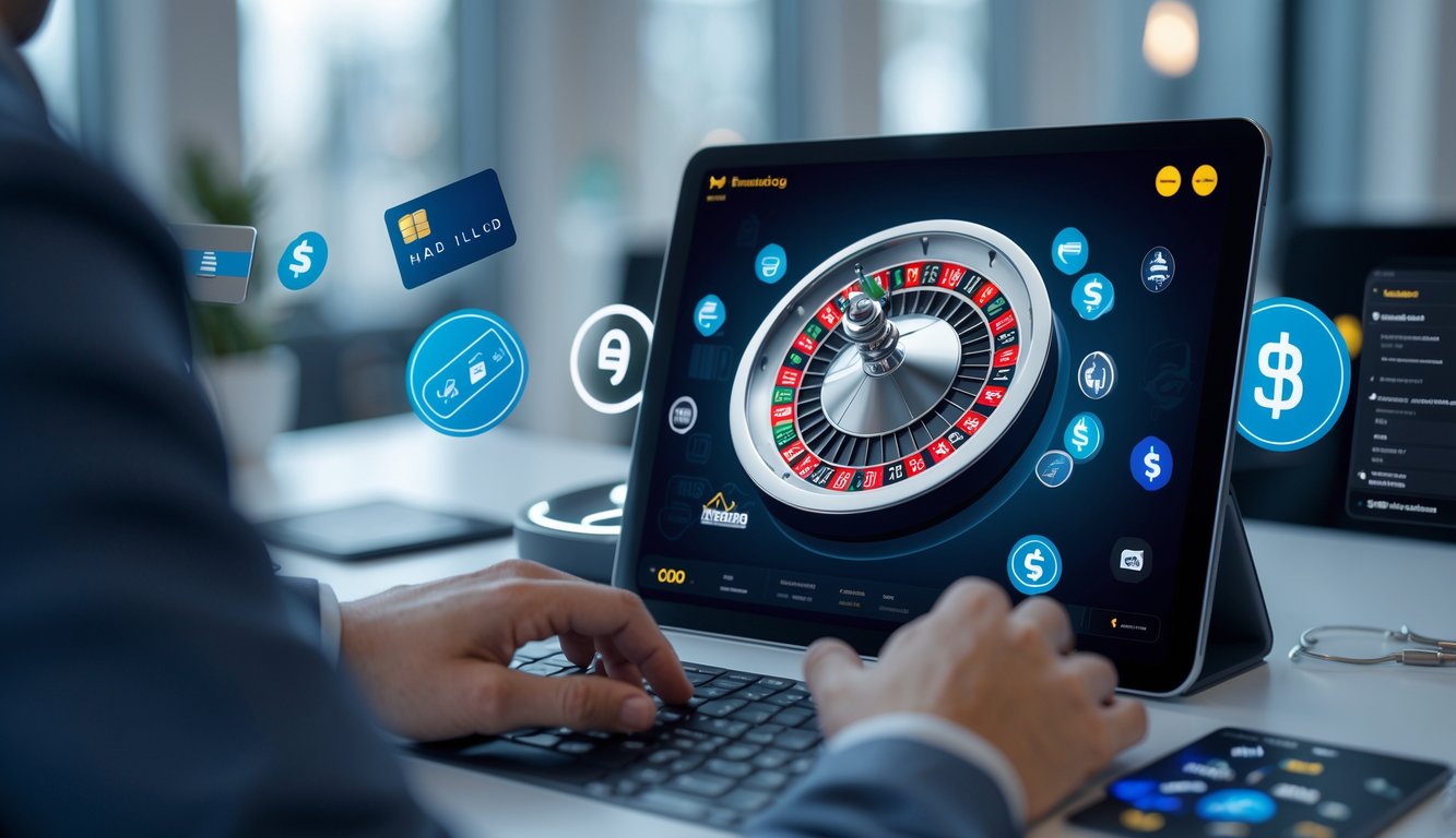 Seseorang sedang menggunakan perangkat digital untuk bermain roulette online dengan ikon pembayaran elektronik dan bank lokal di latar belakang.