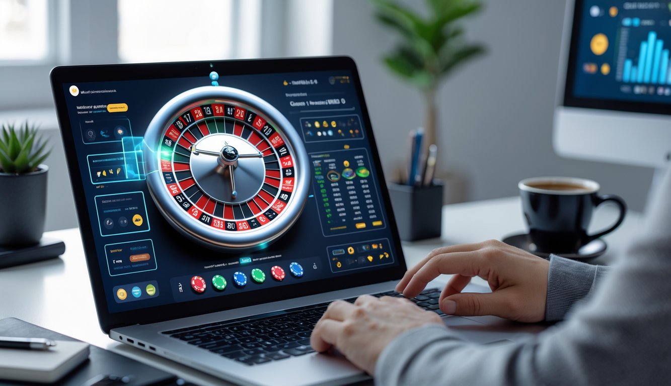 Seorang pemain fokus menggunakan komputer dengan tampilan roda roulette online dan chip taruhan di meja virtual dalam ruangan kerja yang rapi.