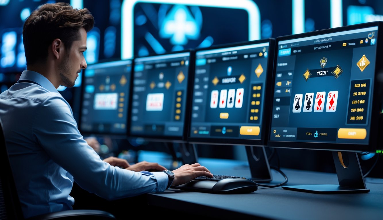 Seorang pria duduk di depan komputer dengan beberapa layar menampilkan permainan poker online Texas Hold'em, di ruang kerja modern yang terang dan rapi.