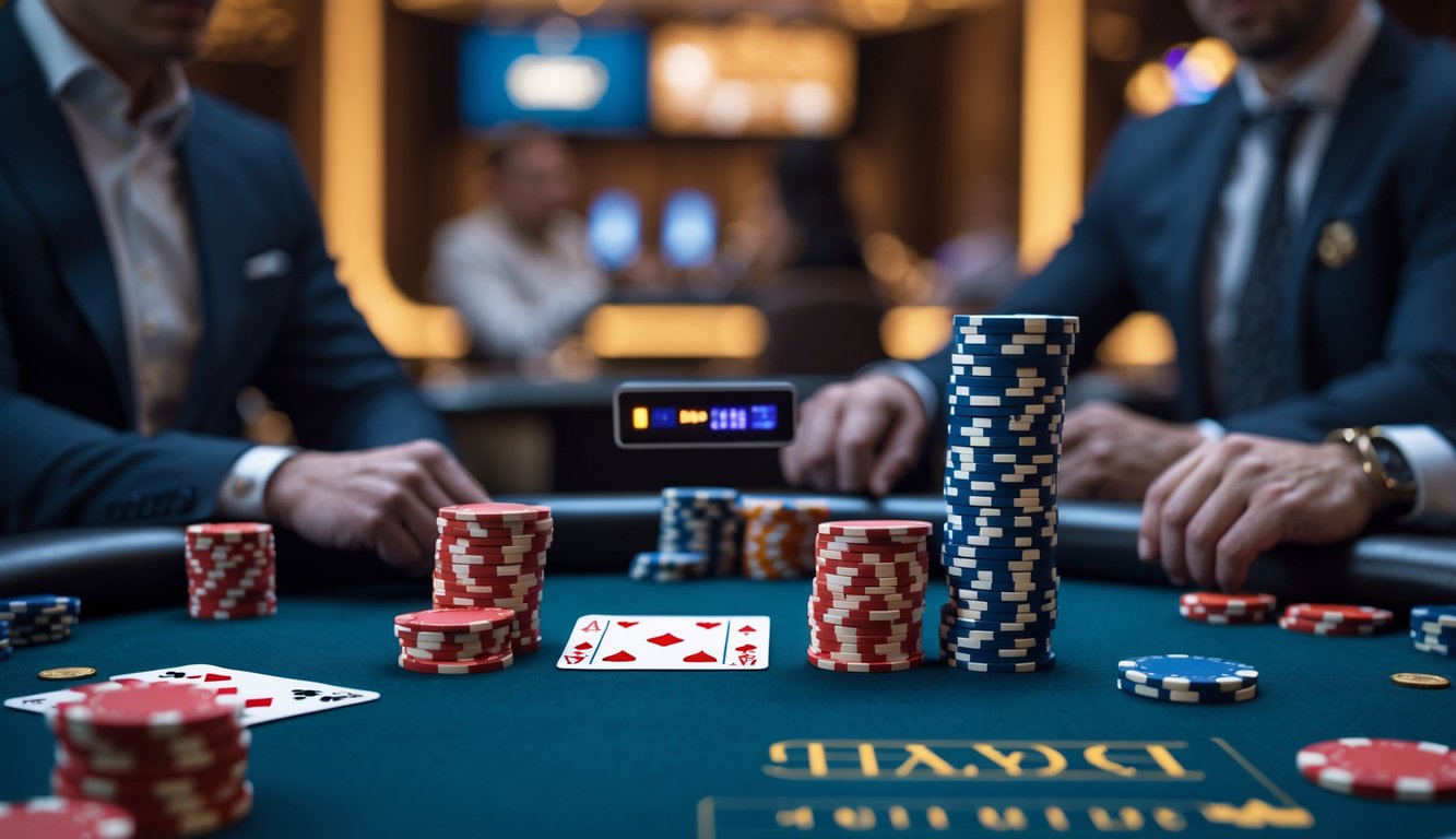 Seorang pemain poker sedang bermain Texas Hold’em dengan tumpukan chip kecil di meja kasino yang modern.