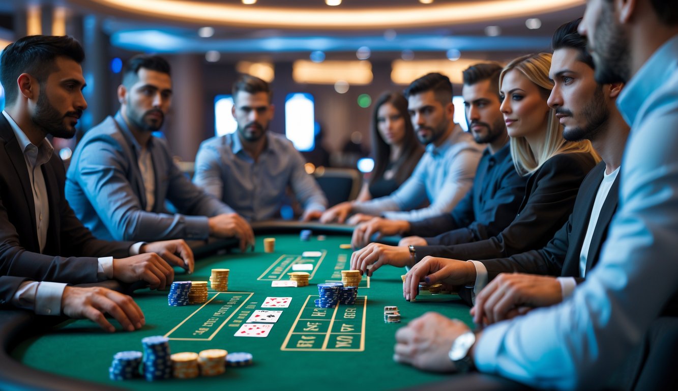 Meja poker dengan pemain yang fokus sedang bermain Texas Hold’em di dalam ruangan kasino modern.