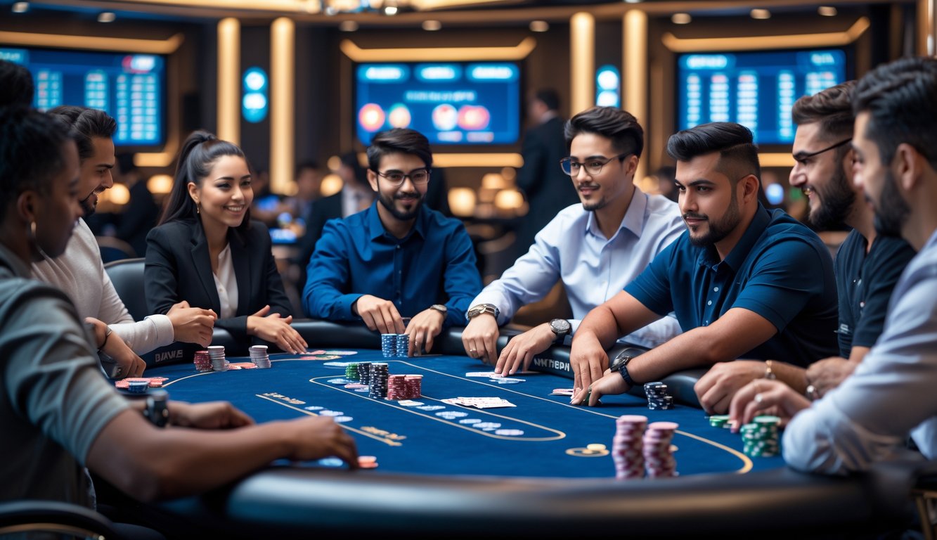 Sekelompok pemain poker sedang bermain Texas Hold’em di meja kasino dengan dealer, terlihat fokus dan serius dalam suasana yang modern dan terang.