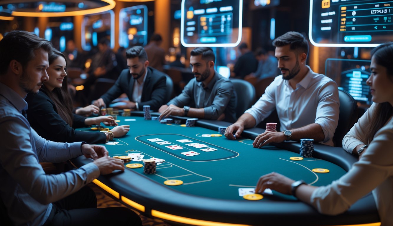 Meja poker Texas Hold’em online dengan pemain yang fokus bermain di lingkungan yang modern dan ramah.