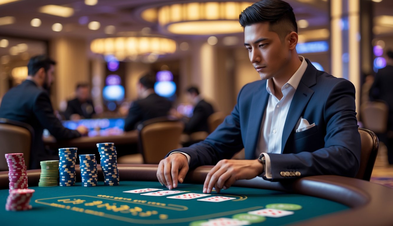 Seorang pemain poker yang percaya diri duduk di meja kasino mewah, fokus pada kartu dan tumpukan chip poker di depannya.