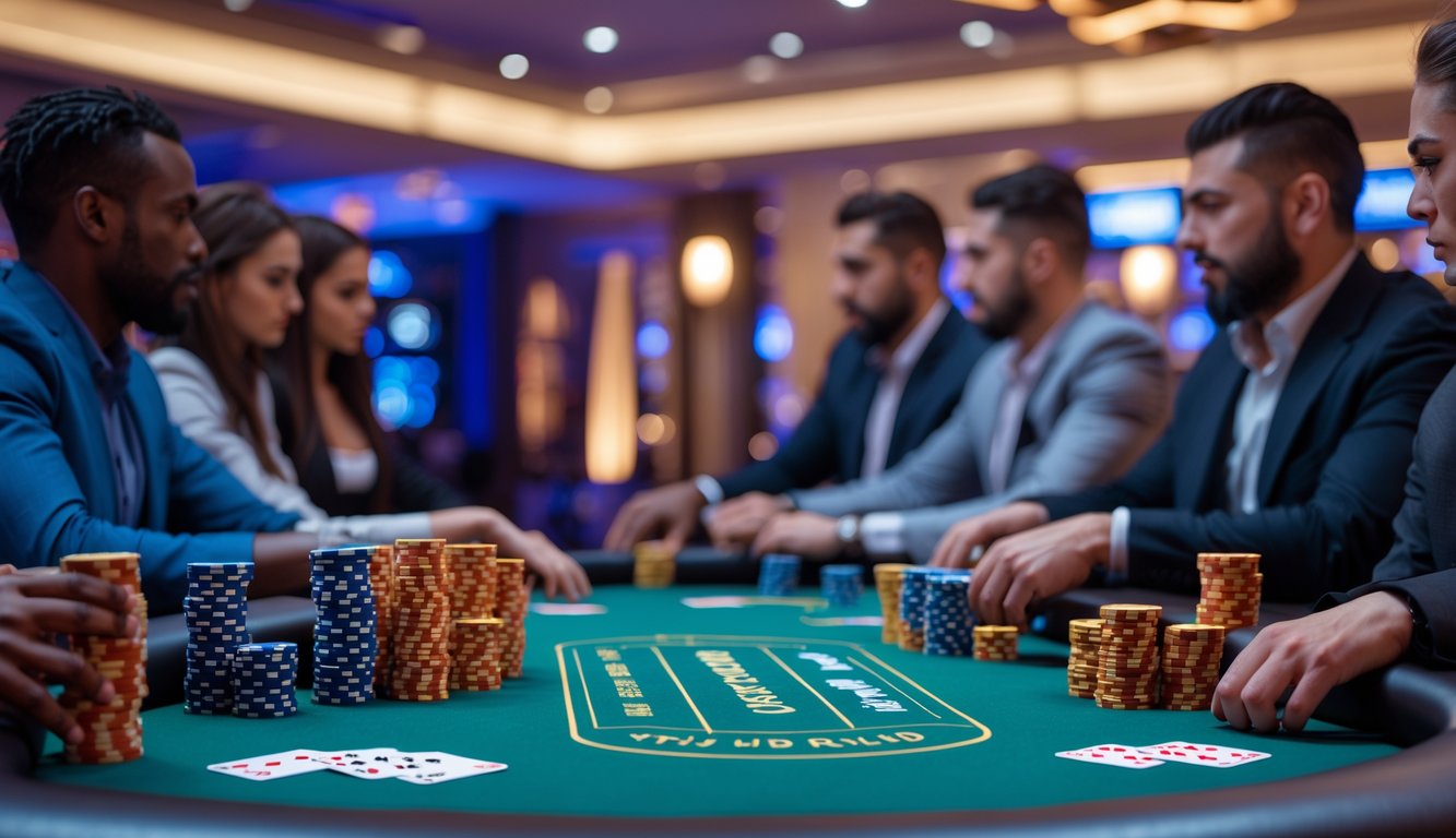 Meja poker dengan pemain yang sedang bermain Texas Hold’em di kasino modern.