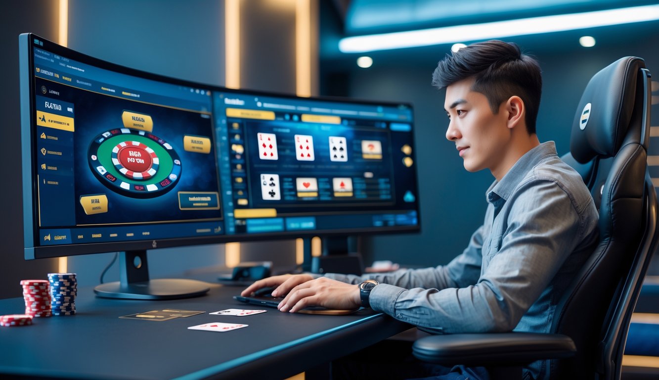 Seorang pria muda duduk di depan komputer dengan permainan poker Texas Hold’em online di layar, dikelilingi chip poker dan kartu di meja.