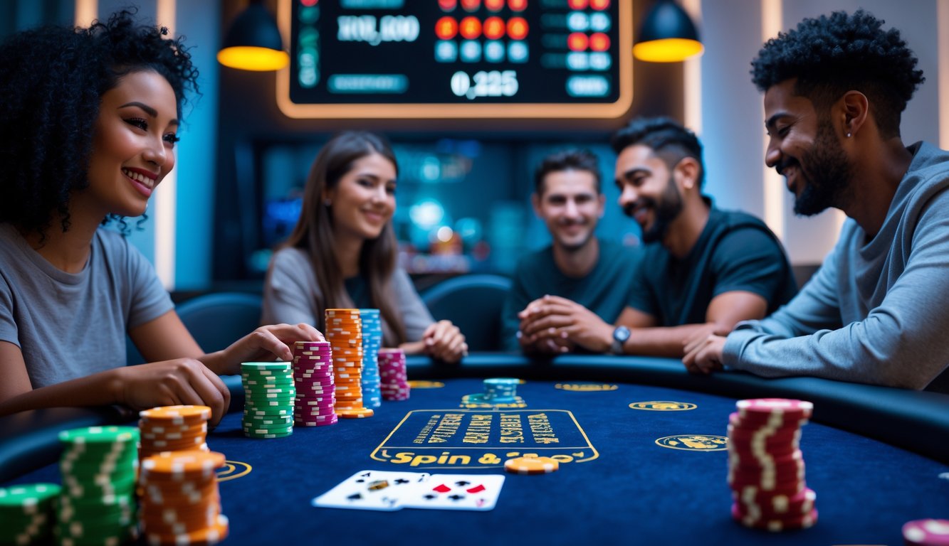 Meja poker dengan tumpukan chip warna-warni dan kartu bermain, beberapa pemain tersenyum dan fokus bermain dalam ruangan poker yang modern.
