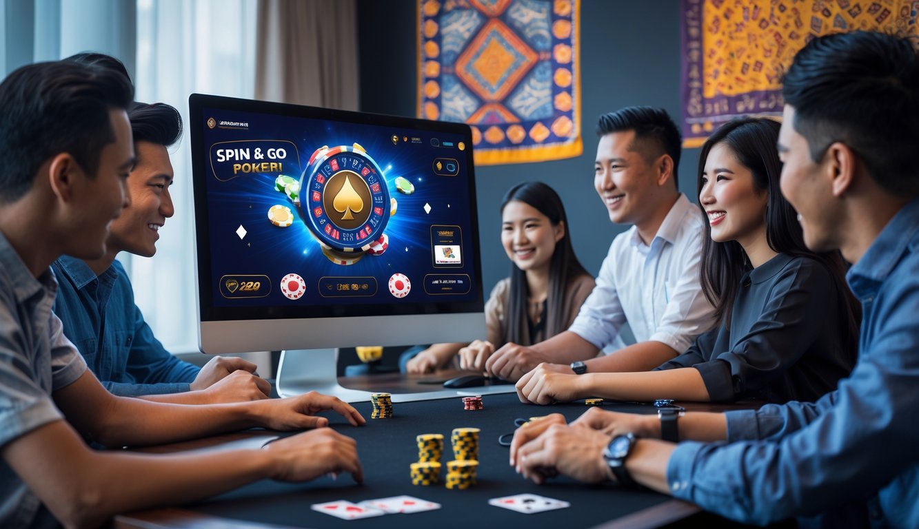 Beberapa pemain poker online sedang bermain di depan komputer dengan suasana modern dan elemen budaya Indonesia di latar belakang.