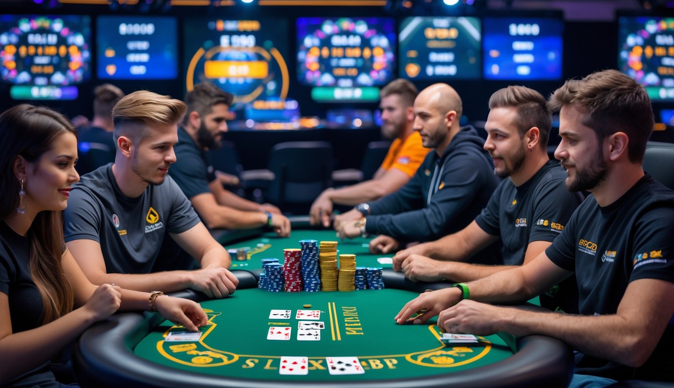 Para pemain poker serius duduk di sekitar meja poker dengan tumpukan chip dan kartu, bermain turnamen cepat dengan suasana kompetitif.